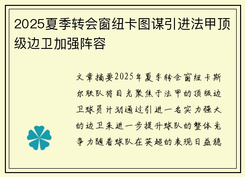 2025夏季转会窗纽卡图谋引进法甲顶级边卫加强阵容